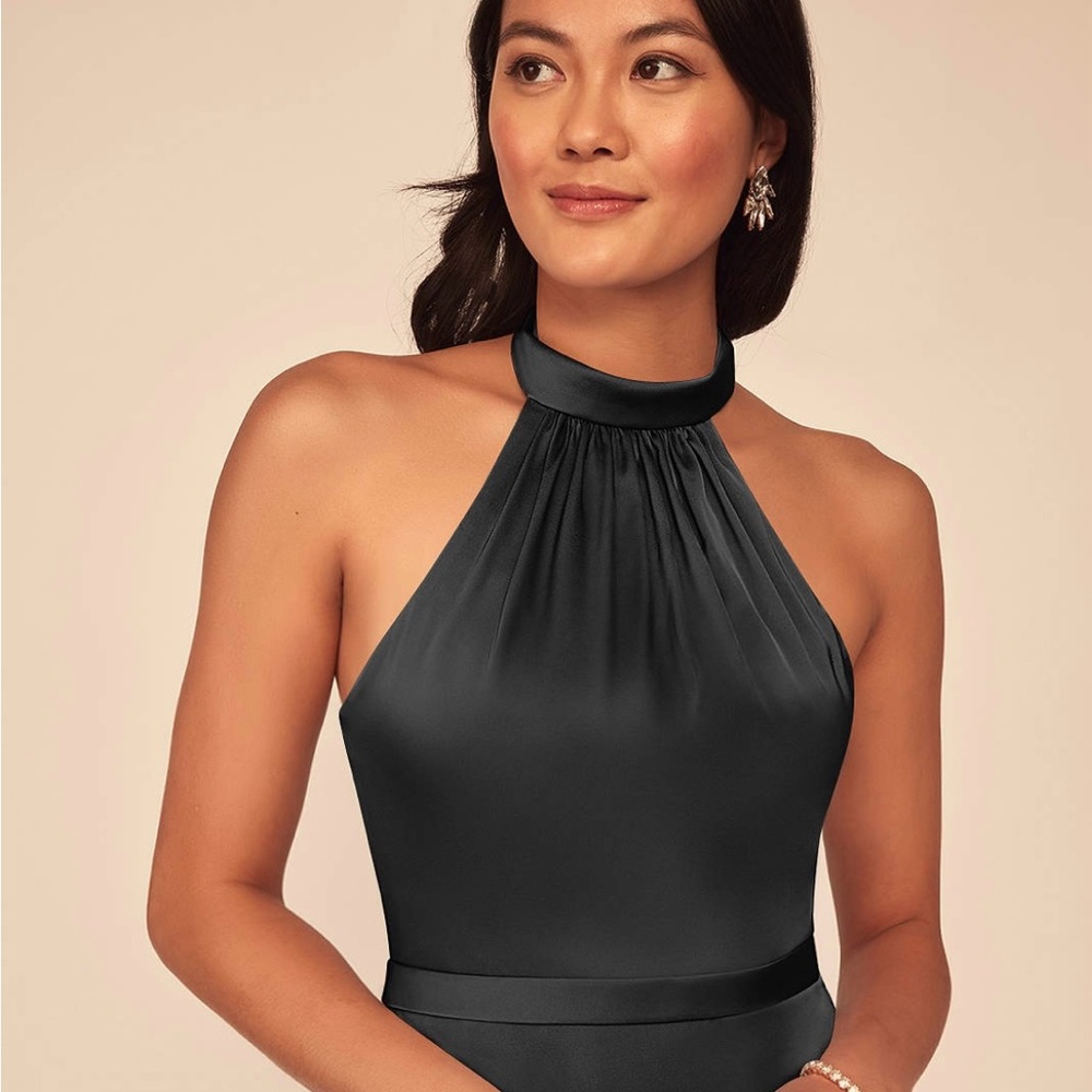 Black satin gown with keyhole detail